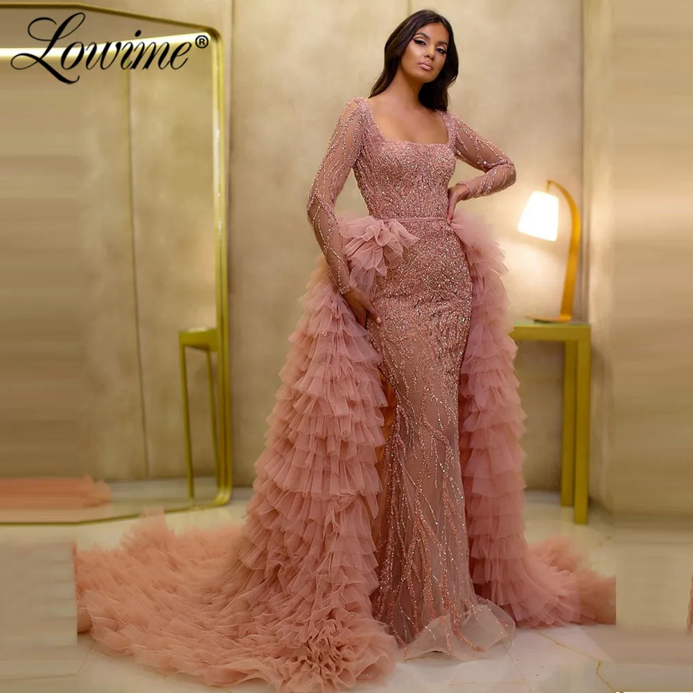 

Pink Dubai Women Formal Evening Dresses 2020 Elegant Beaded Crystals Long Party Dress Muslim Robe de Soiree Turkish Prom Dress