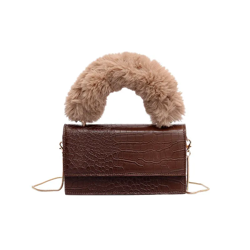 

Designer Plush Handle Chains Handbags Women Messenger Bag Ladies Crocodile PU Soft Fur Handle Shoulder Bag Small Purse Q3