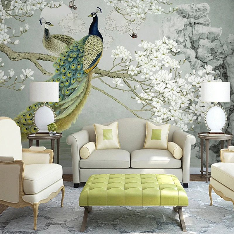 Фотообои на заказ настенные 3D обои с изображением павлина магнолии цветов для