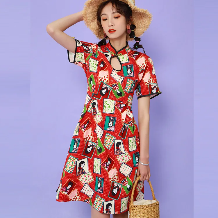 

Summer New Women's Kimono Girl Printed Art Short Sleeve Retro Long Modified Cheongsam Dress