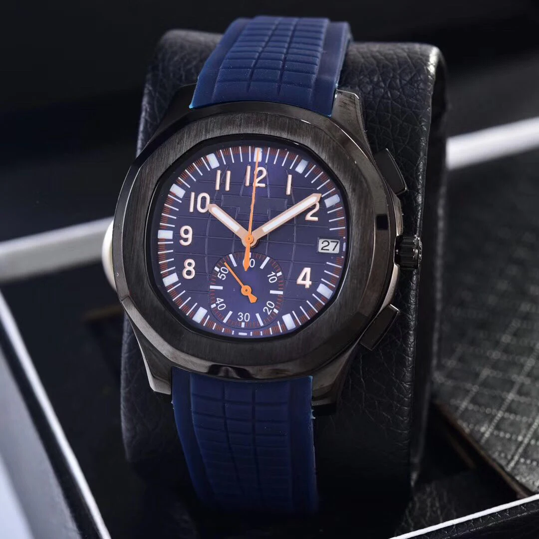 

New Automatic Mechanical Men Black Blue Rubber Stainless Steel Transparent Watch Dual Time Sapphire