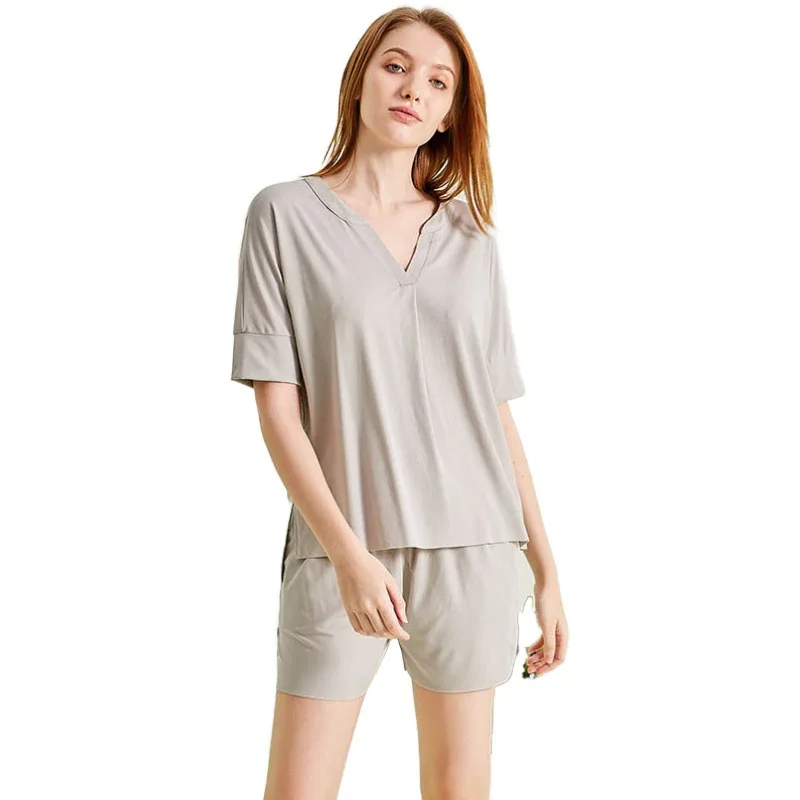 

Summer Women Sleepwear Cute Modal Pajamas Set Sweet Short Sleeve Shirt & Shorts Outside Home Clothing Nightgowns Solid Color Pjs