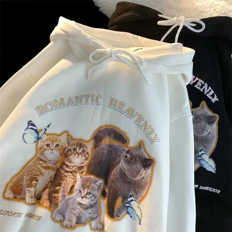 

Punk Style Korean Fashion Cats Butterfly Printed Hoodies Sweatshirt Long Sleeve Tops Kawaii Girl Teens Clothes Casual Streetwear
