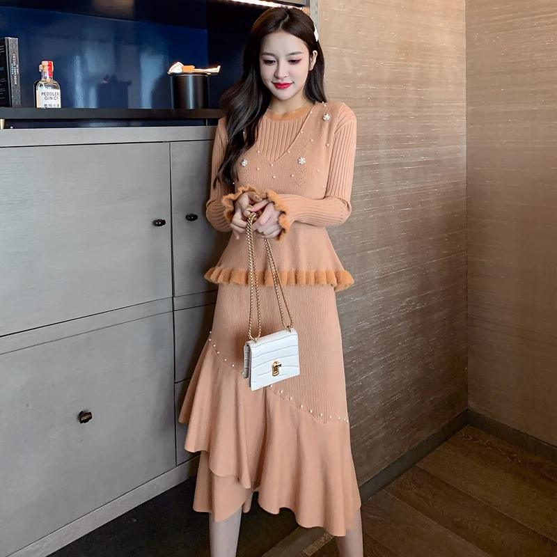 COIGARSAM женское цельнокроеное платье с длинным рукавом Новые Корейские вязаные