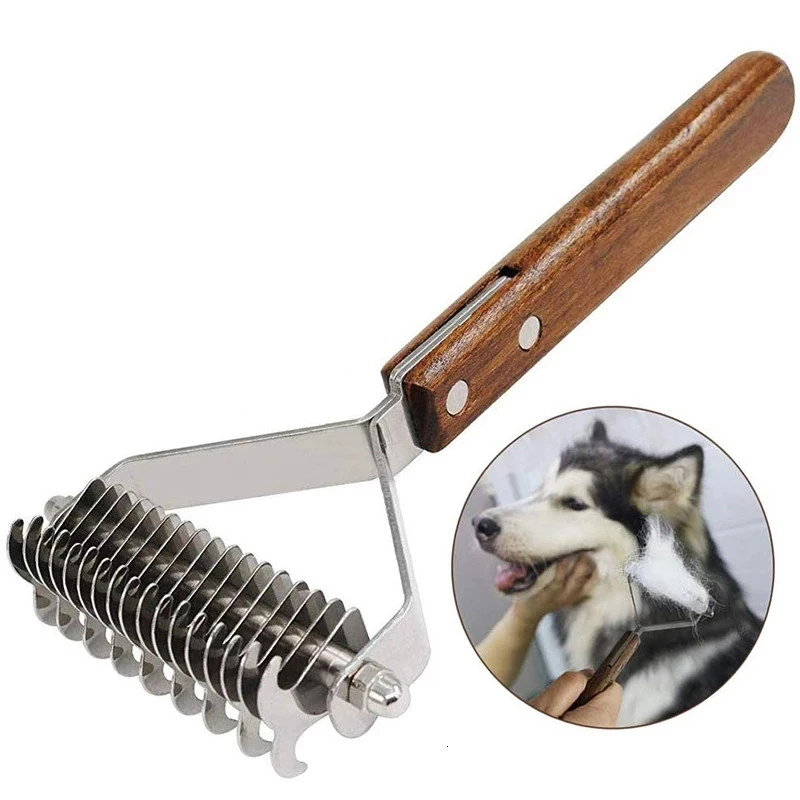 Pet Cat Grooming Brush Cleaning Supplies Dog Brush Efficient Safe Pet Comb Rake Removes Undercoat Knots Wooden Handle