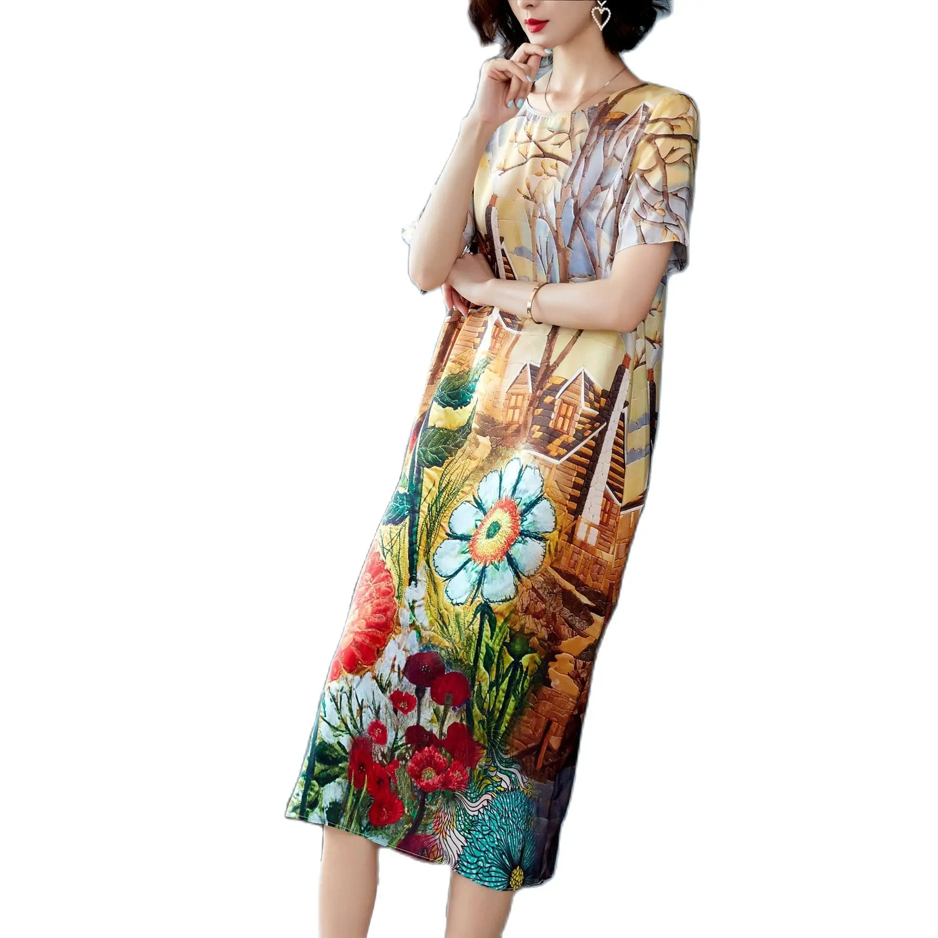 Шелковое платье 2021 Летний стиль Новинка В стиле ретро Комплекты футболок с