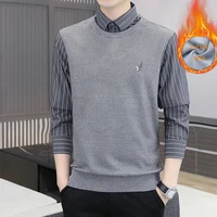 mens clothing 2021shirt collar sweater winter holiday two shirt collar flannelette thick pullover casual bottom sweater mens