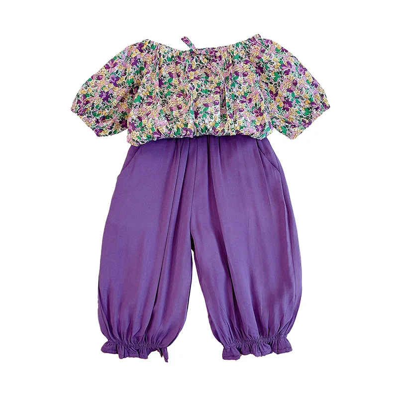 

Детский летний костюм для девочек 2021, фиолетовый топ с цветочным принтом на одно плечо с коротким рукавом и шаровары против комаров из двух ...