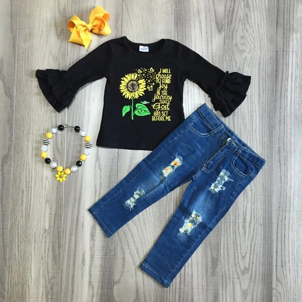 Осенне-зимние джинсы с подсолнухами для маленьких девочек детская одежда