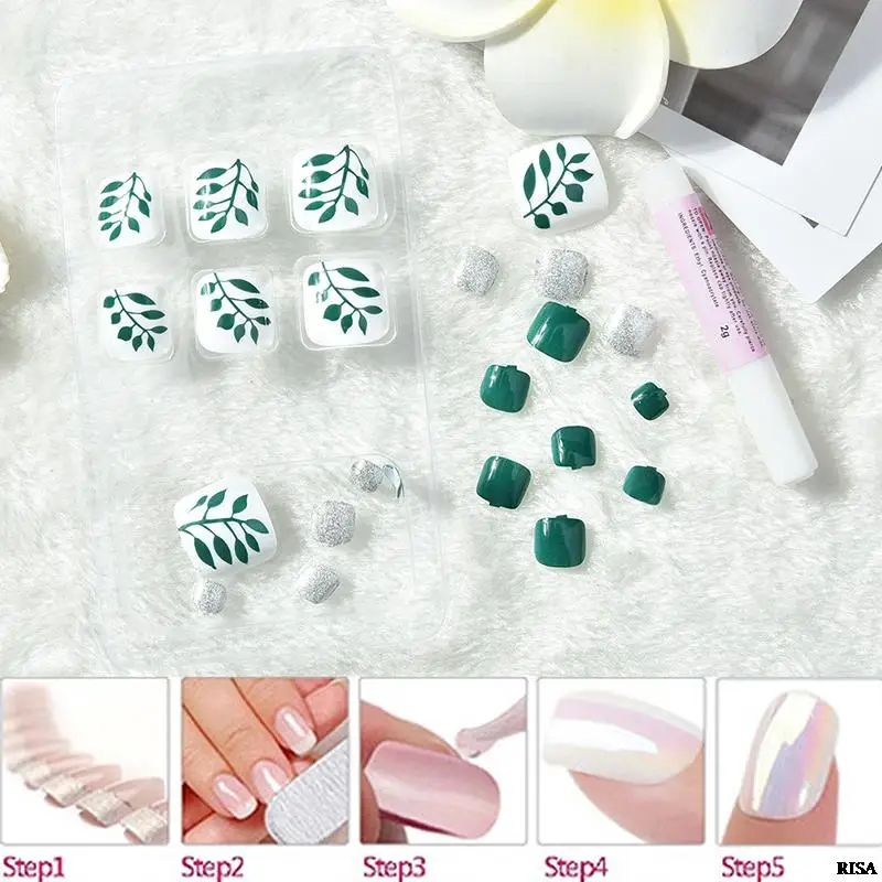 

24Pcs Green Flowers 3D Toe Fake Nails Green Red Color Toe Fake Nails Full Cover Acrylic Feet Patch With Glue Sticker