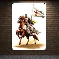 ancient military posters templar knight on horse banners retro print art crusader flags canvas painting wall hanging home decor