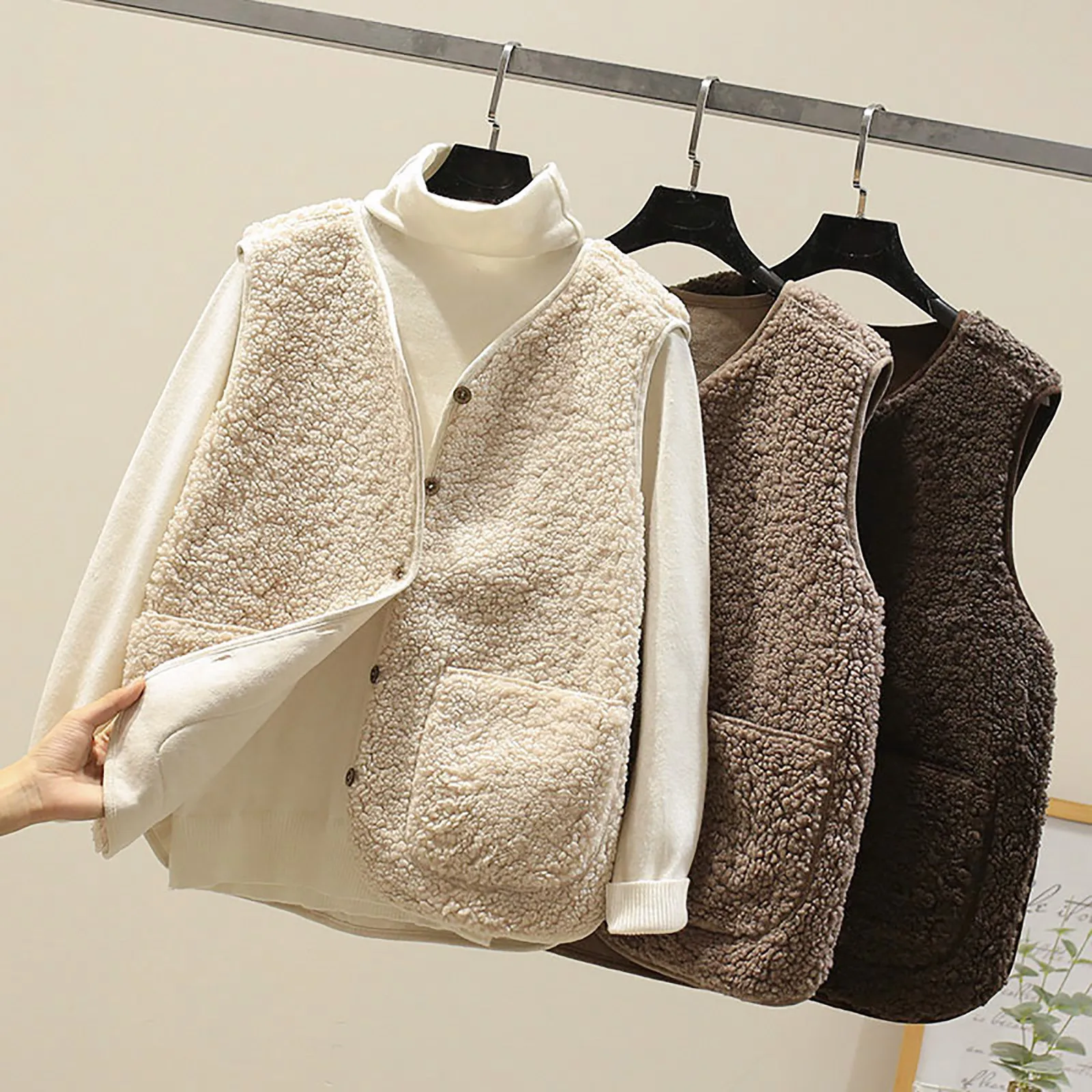 

Khaki Fur Furry Plush Vest Lamb Wool Women Sleeveless Down Coat Tops Casual Short Outwear Waistcoat Parkas Jacket Coats Cloth