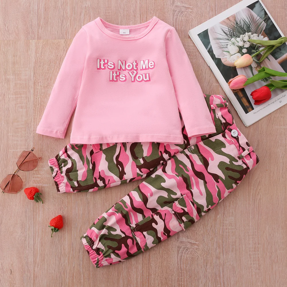 

Kids Girls Two Pieces Suit Crew Neck Tee Tops + Camouflage Pants Casual Outfit Loungewear Set Letter Print