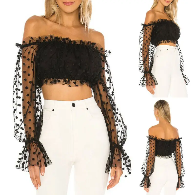 Модная женская кружевная прозрачная блузка с воротником-лодочкой рубашка в