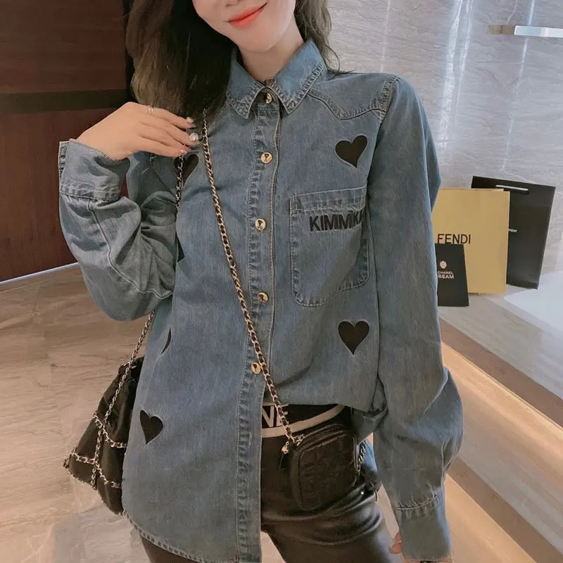 Denim Shirts Women Spring 2021 Casual Shirts Loose Retro Blue Love Embroidered Women's Shirt Chemise Femme Blusas Mujer