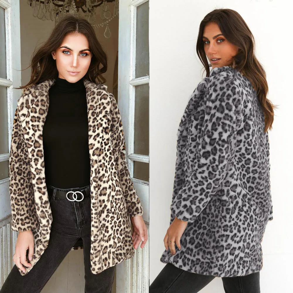 

Winter Fake Fur Leopard Slim Overcoat Women Fashion Streetwear Elegant Turn Down Collar Medium Length Coat Long Sleeve Outerwear
