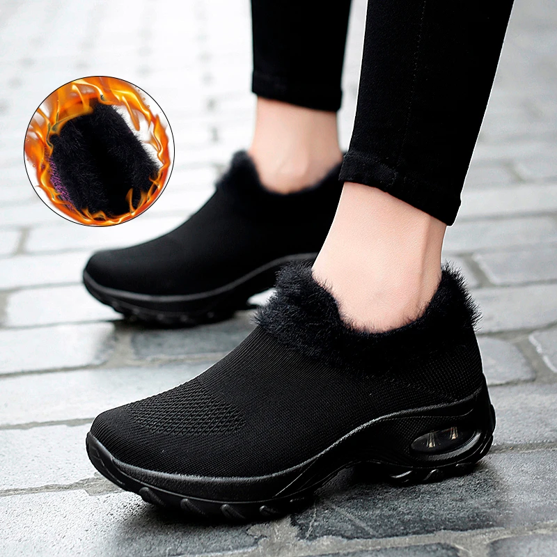 Зимняя спортивная обувь женские кроссовки с теплым мехом и плюшевой подошвой для