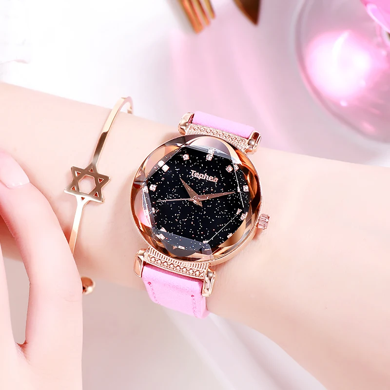Pink Женские часы Новая мода Красный кожаный ремешок кварцевые наручные часы женские повседневные наручные часы девушка наручные часы Reloj Mujer Прямая - Цвет: Pink