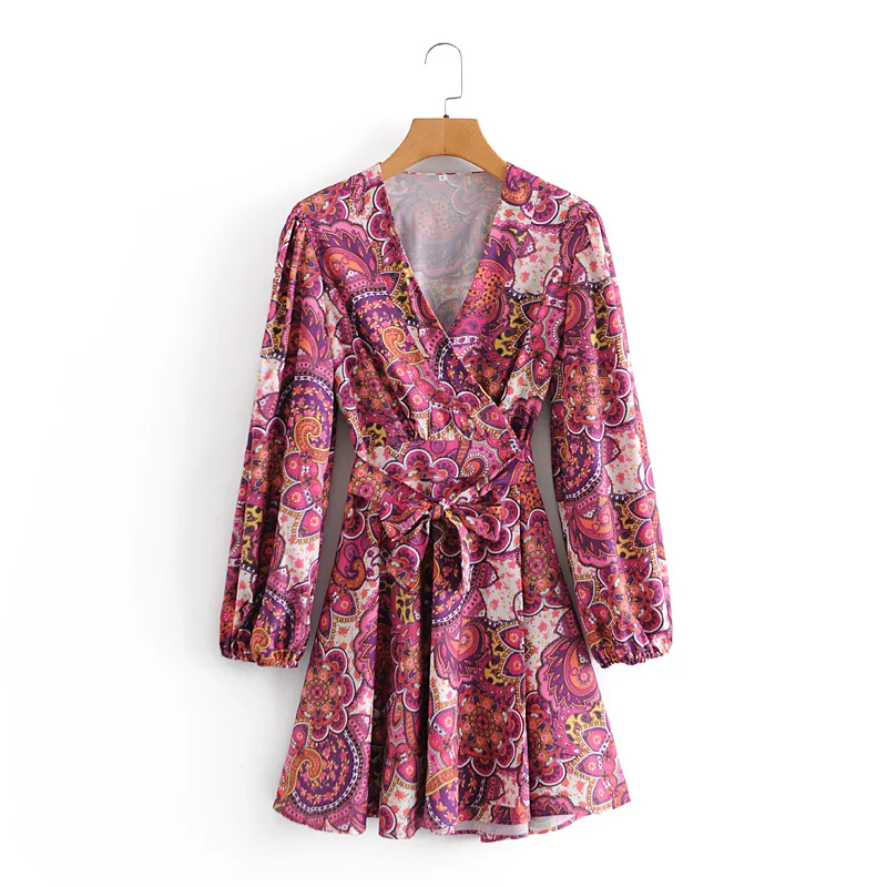 

Women's dress latest 2020 sexy V-neck printed bubble sleeve rose fashion belt long sleeve party casual long skirt