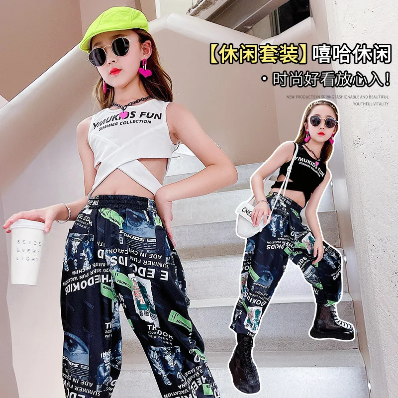 

Комплект одежды для девочек из 2 предметов, короткий топ с надписью и бандажные штаны, в стиле хип-хоп, костюм для выступлений, для подростков...