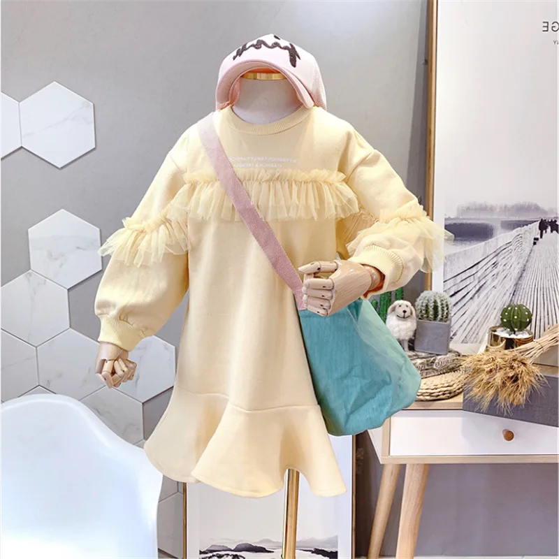 

Dress Full Sleeve Knee Length Pullover A-line Solid Regular Cotton New Fashion Simple Sweet Spring Autumn Children Girls