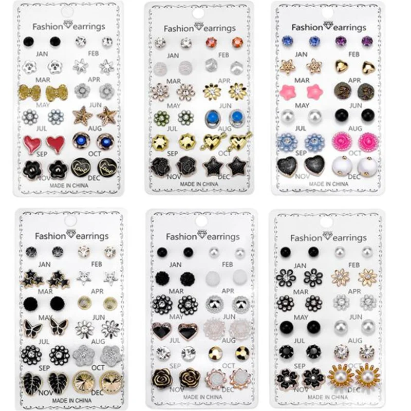 

12 Pairs/set Crystal Rhinestone Flower Stud Earring Set Women Jewelry Accessories Month Jan-Dec Piercing Ball Stud Earring Kit