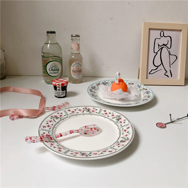 Buy LadyCC Romantic Broken Flower Ceramic Plate Cake Snack Creative Household Flat Dinner Plates on