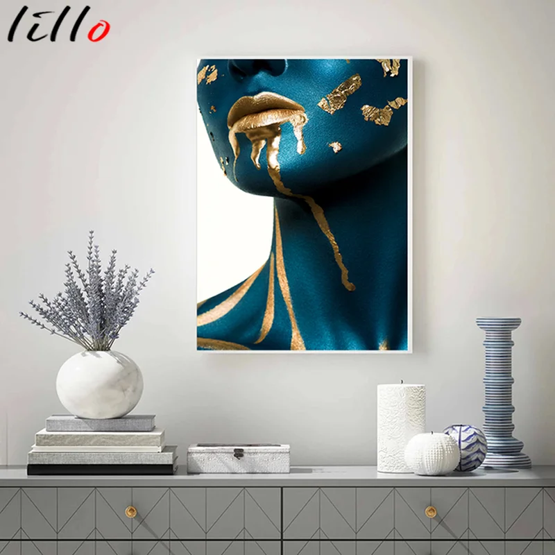 Настенная картина в скандинавском стиле с изображением женщины синего и