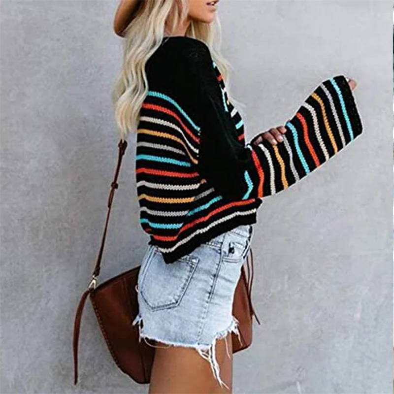 

Fashion Striped Loose Sweaters Woman Sexy Off Shoulder Casual Knitted Pullover Cool Street Wear Autumn O-neck Clothe Long Sleeve