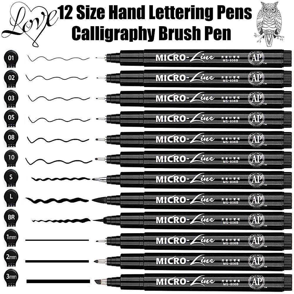 

12 Size Hand Lettering Pens Neelde Drawing Line Calligraphy Pen Waterproof Pigment Sketch Markers Pen For Design Art Supplie