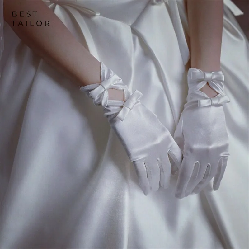 

Short Wedding Bridal Hand Gloves Finger Wrist Ivory Satin Cuffs with Bows Elegant Wedding Accessories Mariage gant mariage femme