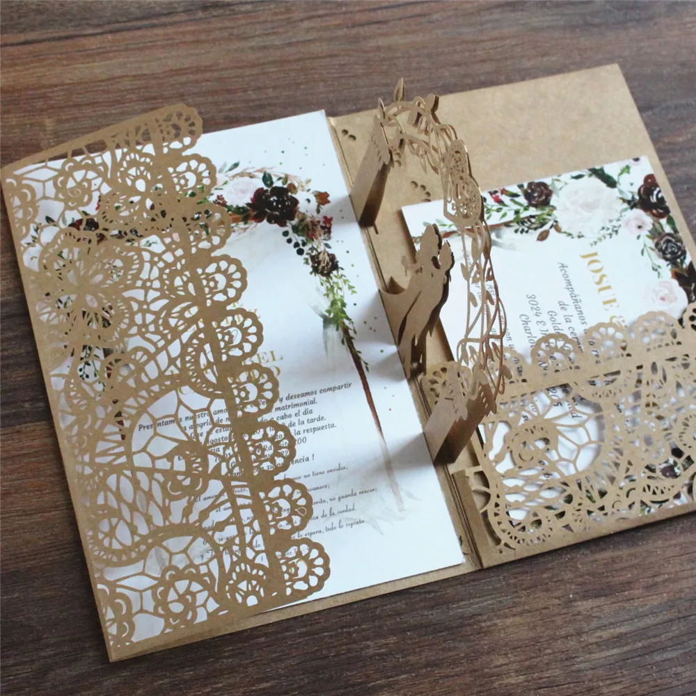 Wedding Invitation Marriage Personalized Invite RSVP Craft Paper Pop Up Greeting Card Floral Laser Cutting 50 Sets