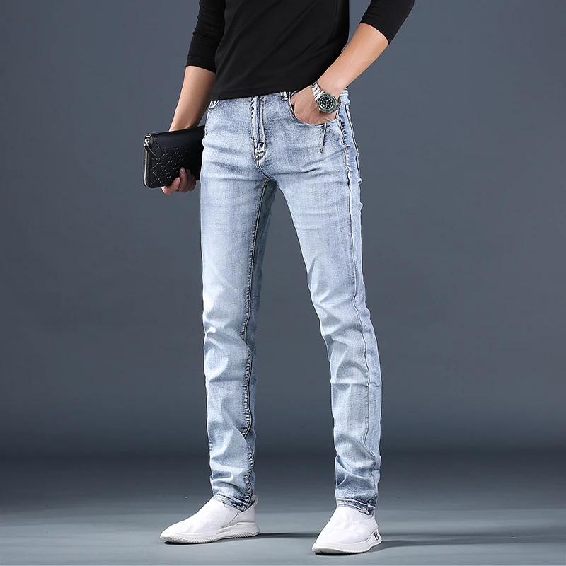 Light Blue Men's Jeans Summer New Casual Stretch Straight Slim Fit Denim Pants