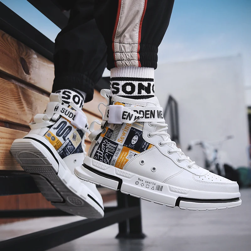 VESONAL 2020 Spring Hip Hop High Top Print lightweight Leather Sneakers Men Shoes Casual Rock Breathable Male Footwear street | Обувь