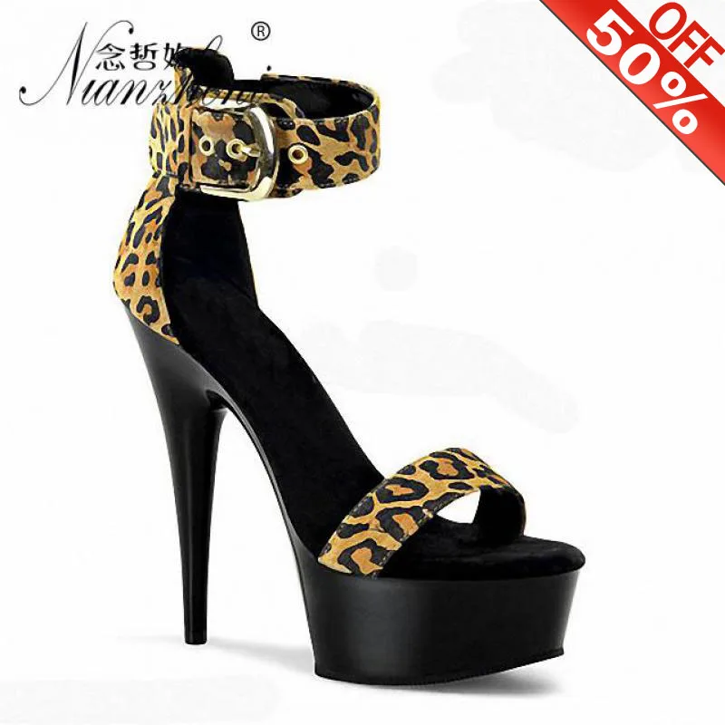 

Sexy Leopard Nightclub Buckle strap Pole dancing Women's sandals 15cm High heeled shoes 6 inches Thick platform Flock Stripper