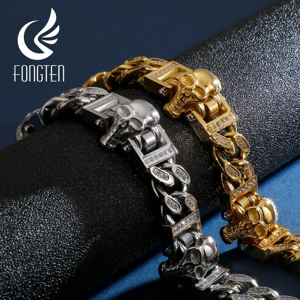 

Fongten Skull Head Charm Mens Bracelet Punk Heavy 361L Stainless Steel Bangle with Zircon Fashion Jewelry