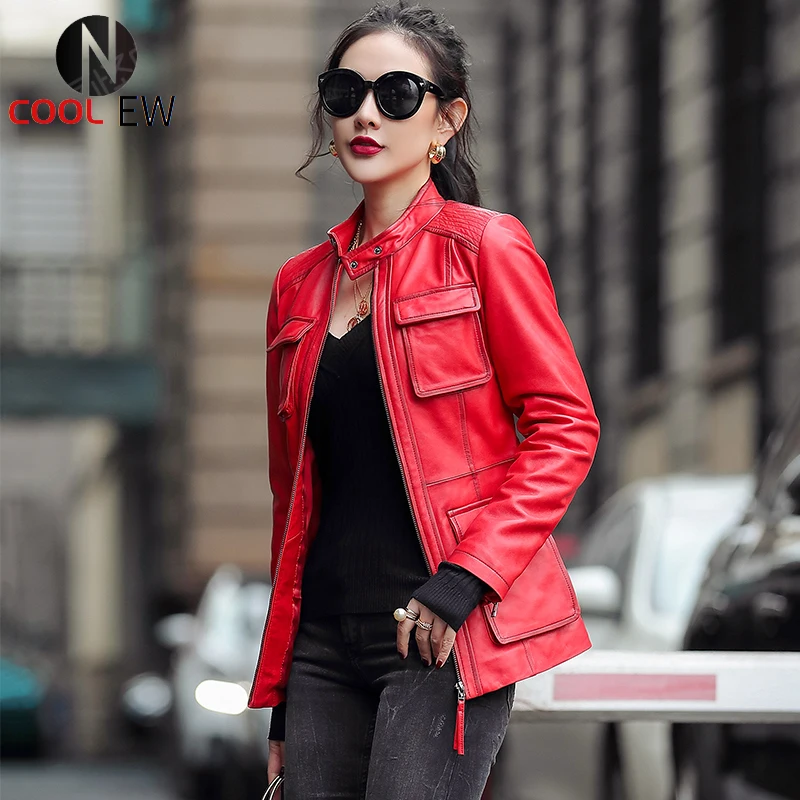 

Ptslan 2021 Women's Genuine Leather Original Sheepskin Good Quality Motorcycle Coat Jackets P7009