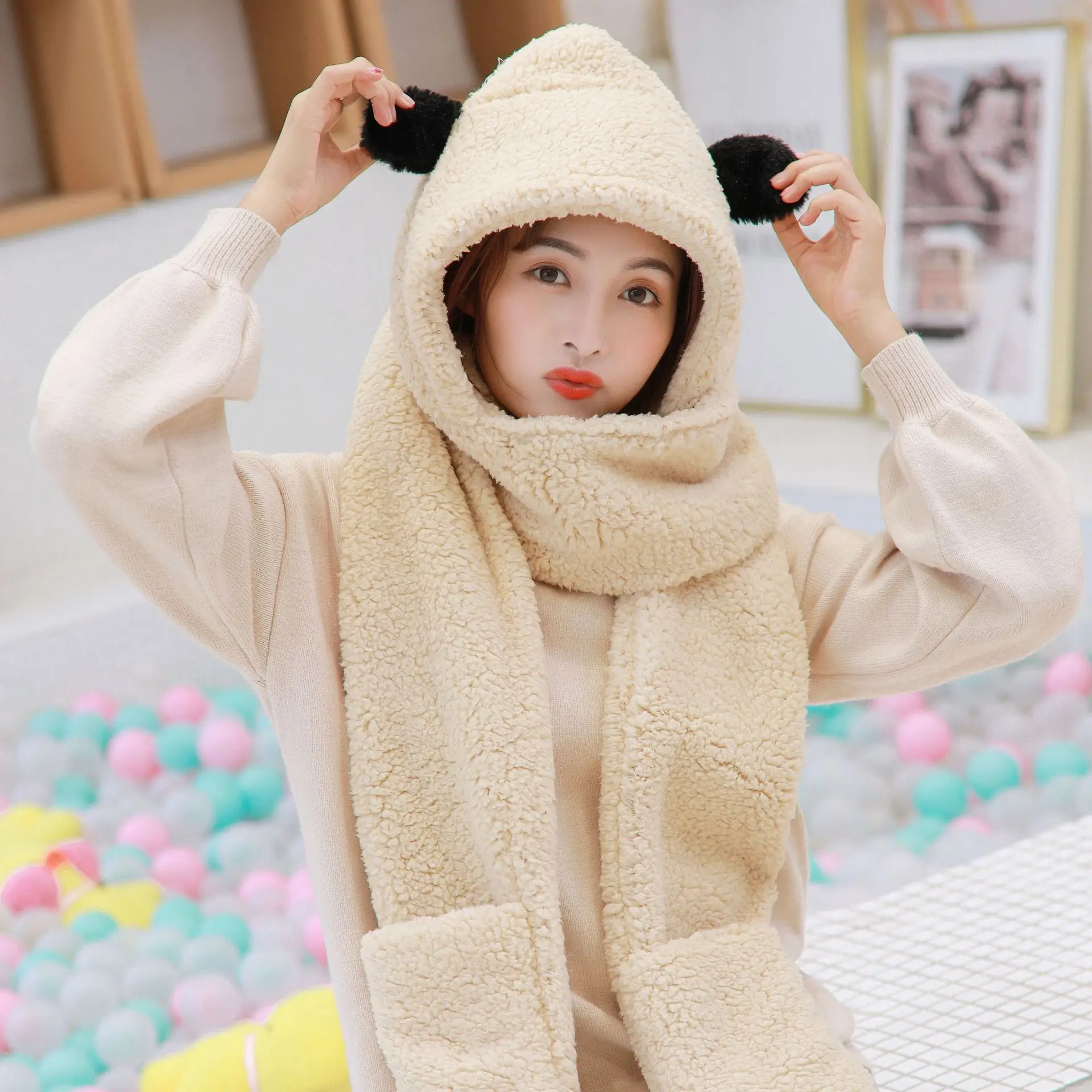 

Bear Ear Hat Female Sweet And Lovely In Autumn And Winter Parent-child Plush Scarf With Hat To Keep Warm For Women Girls