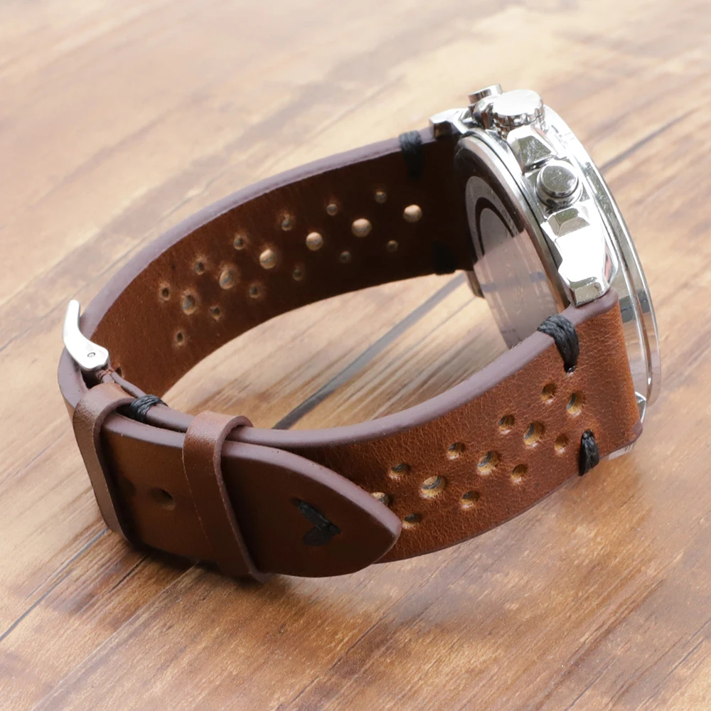Genuine Leather Watch Strap Porous Breathable Watchband 18mm 20mm 22mm 24mm Handmade Stitching Watch Bracelets Replacement