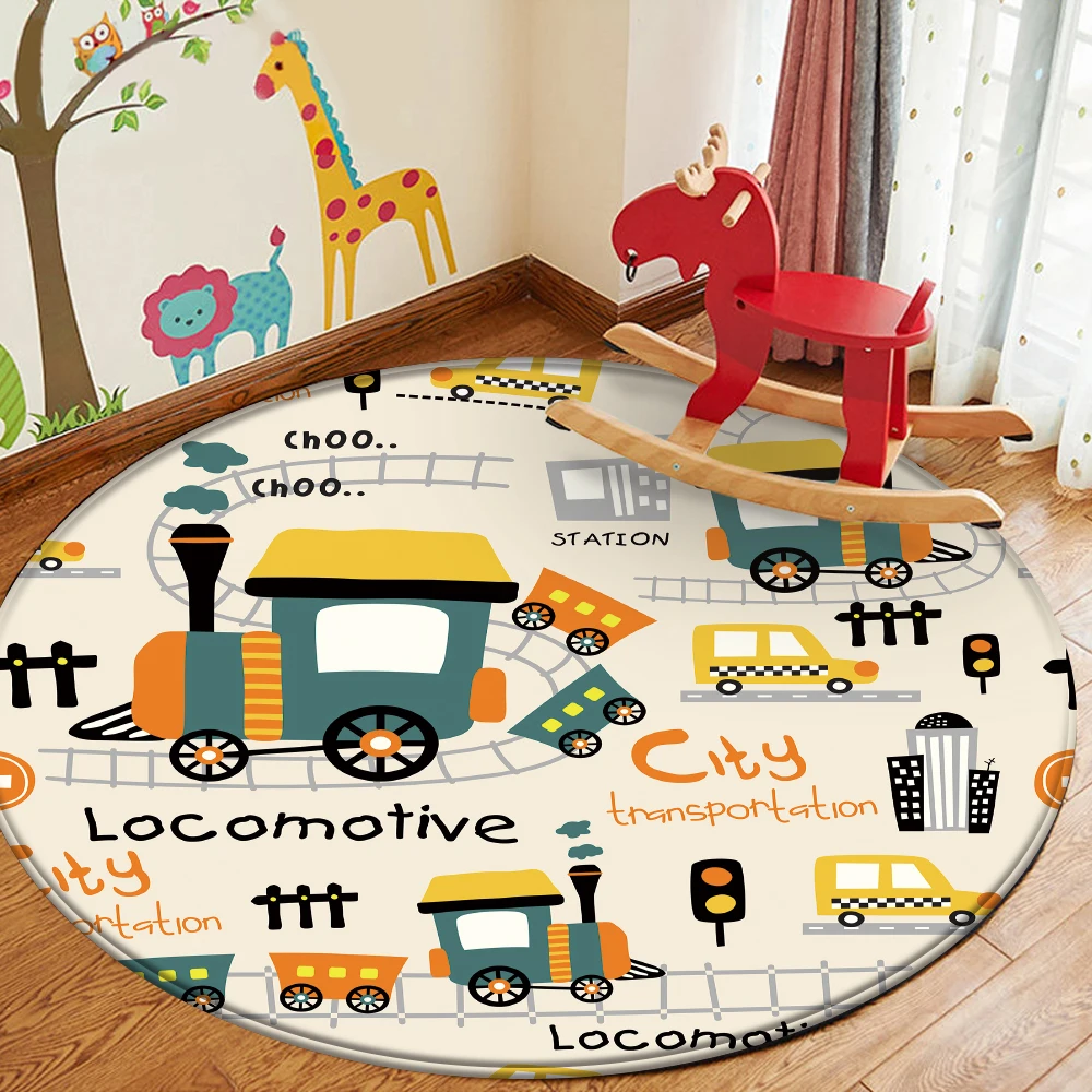 

Alfombra Cartoon Cute Children's Car Train Pattern Carpet Baby Play Mat Bedroom Children's Carpet Children Flannel Round Carpet