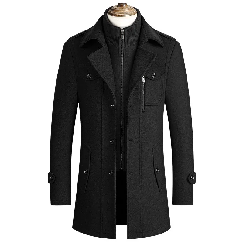 Autumn Winter Wool Blends Overcoat Men Fake Two Piece Trench Coat Outdoor Windbreakers Thick Warm Slim Fit Double Neck Outerwear