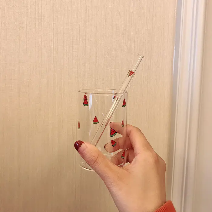

Water cup simple and fresh forest department lovely straw Nordic glass transparent net red cup student milk