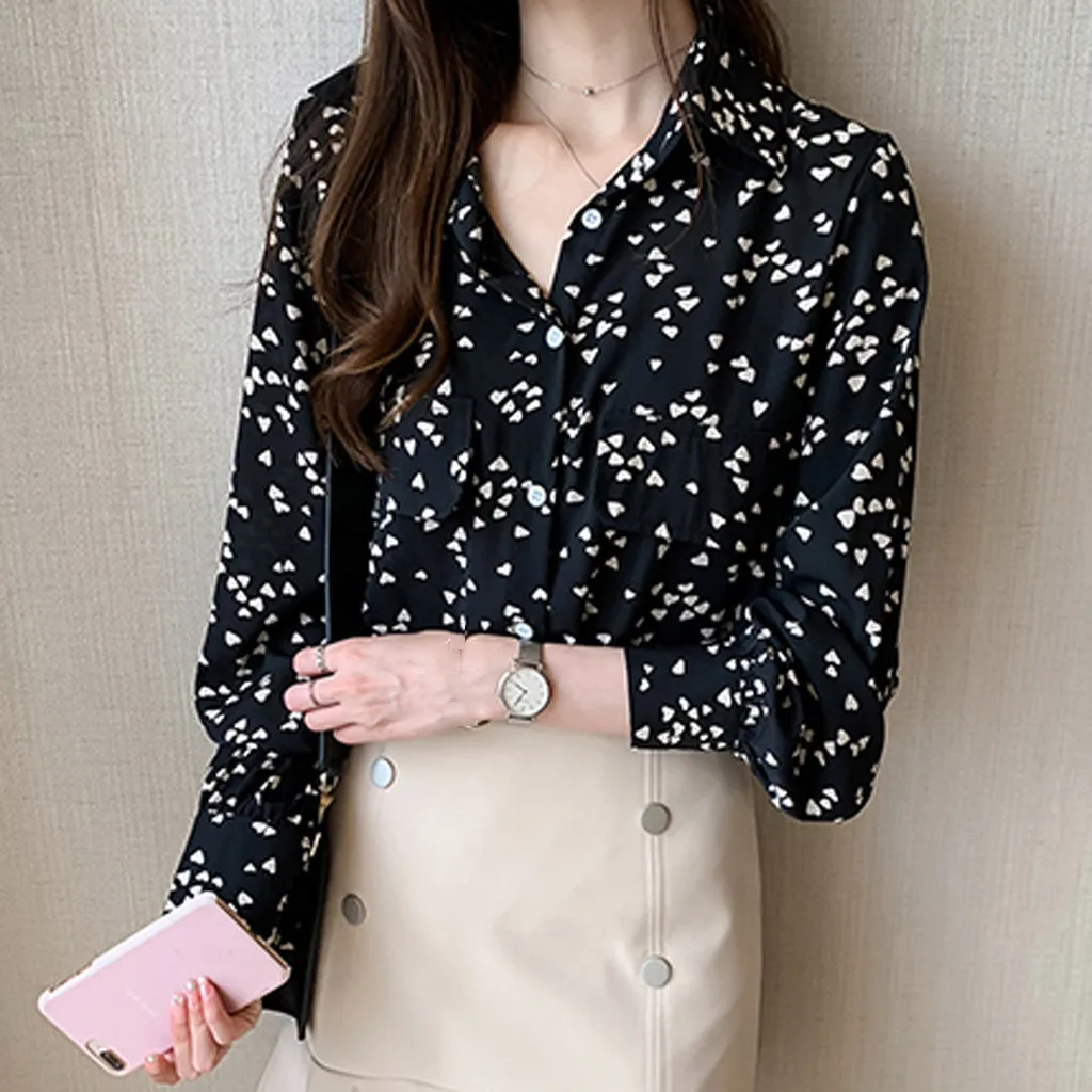 Модные рубашки из шифона для женщин с длинным рукавом в горошек отложным