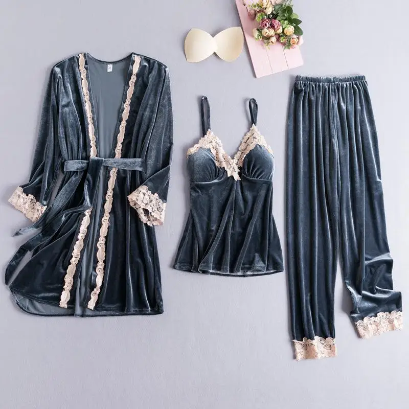 Женский велюровый пижамный комплект из 3 предметов, одежда для сна на осень и зиму, домашняя одежда, Женская бархатная Ночная одежда, повседневный комплект для сна, интимное белье - Цвет: Blue