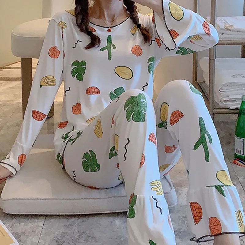 Kawaii, 2 шт., женская пижама, комплект, милый рисунок морковки, повседневные топы, штаны, домашняя одежда для сна с длинным рукавом, Pijama Mujer