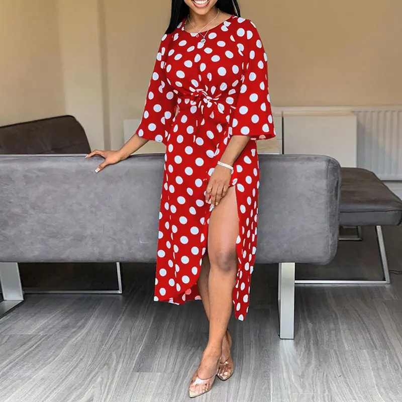 Африканское сексуальное асимметричное винтажное платье в горошек средней длины