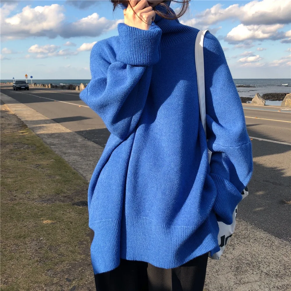 

2021 Turtleneck Collar Sweater Autumn New Pattern Long Sleeve Solid Knitting Pulloveres Overszie Casual Women Black Blue