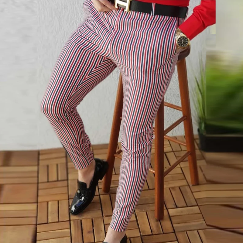 

Fashion Men's Zipper Mid-Waist Pants Business Interview Striped Trousers New Spring Autumn Slim It Beltless Suit Banquet Trouser