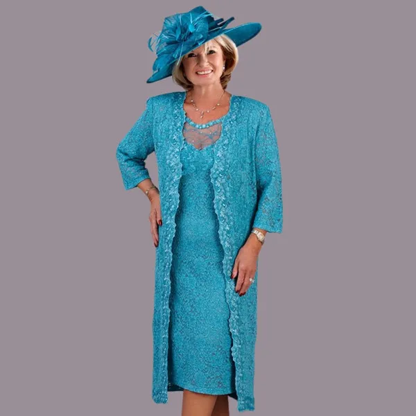 Turquoise Lace Plus Size Mother Of the Bride Dresses with Jacket Custom Make Tea-length Formal Wedding Party Gown | Свадьбы и