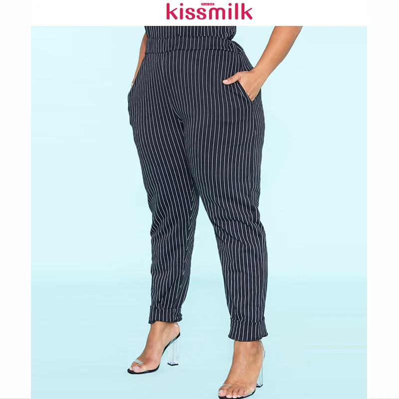 Kissmilk Большие размеры Новые Модные полосатые брюки с эластичной резинкой на талии